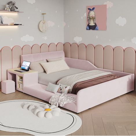 Cama infantil 140x200 cm en terciopelo rosa con escritorio, taburete y tablón, sin colchón (1/5)