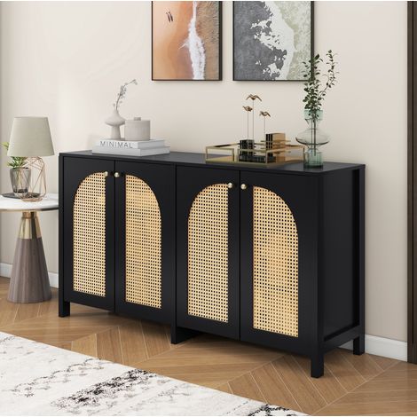 Aparador de MDF negro con 4 puertas de ratán sintético y tiradores metálicos, estante ajustable (1/5)