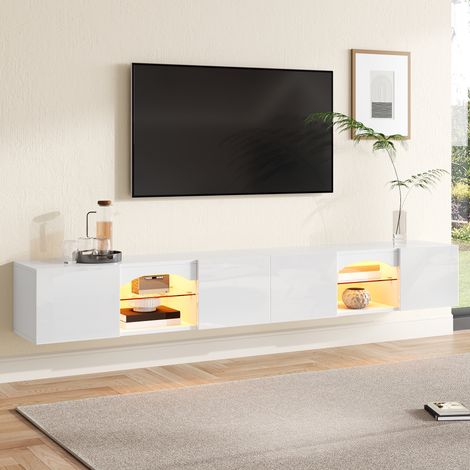 Meuble TV Suspendu 200 cm avec 4 Portes et Étagères en Verre, Éclairage LED Contrôlé par App - Design Flottant Moderne - Meuble Télé Brillant Blanc (1/5)