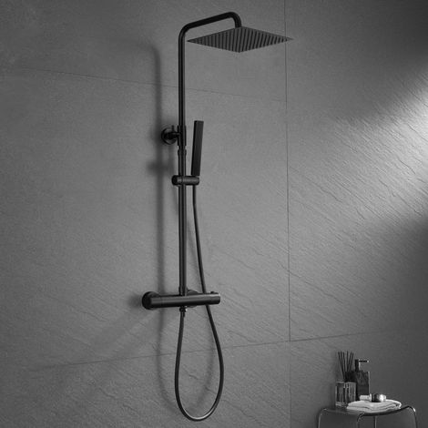 Colonne de douche Inox avec Robinetterie Thermostatique, Système Pluie pour Cabine Baignoire avec Barre Réglable Hauteur et Tête de Douche 25x25 cm Noir (1/5)