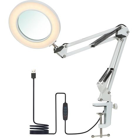 Lampe de table flexible grande blanche avec pince, équipée d'une loupe 8X et d'un bras orientable, LED dimmable, 3 modes de couleur et 10 niveaux de luminosité, idéale pour la lecture et le travail (1/5)