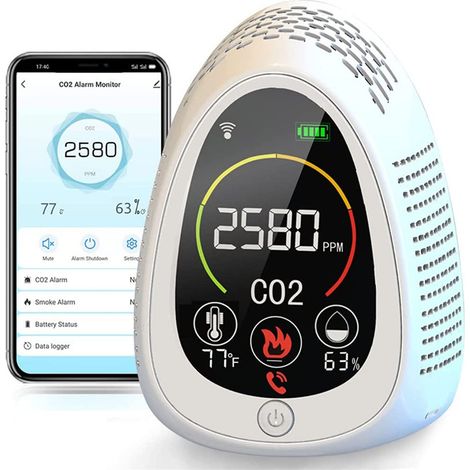 PT01 Weißer 5-in-1-Rauch-, Kohlenmonoxid-, Temperatur- und Feuchtigkeitsdetektor mit Wi-Fi, tragbar, für Camping und Outdoor-Transport (5V). (1/5)