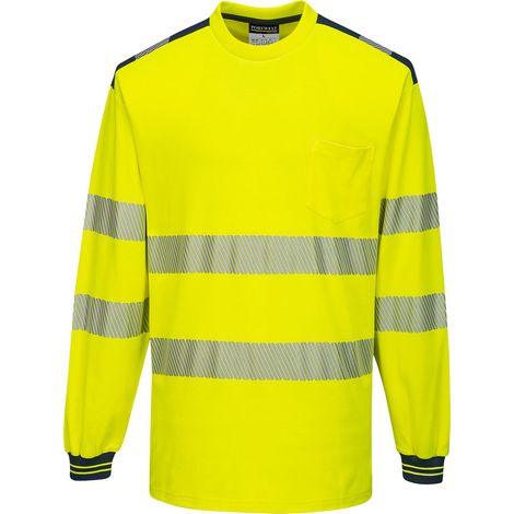 Camiseta de alta visibilidad de manga larga PW3 cuello redondo y bolsillo de pecho PORTWEST T185 XL Amarillo/Marino