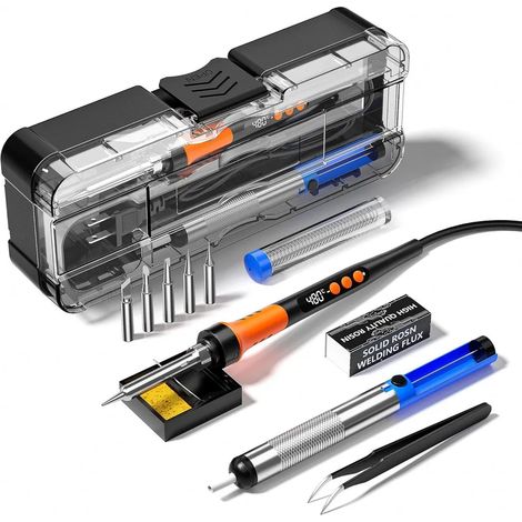 Fer à souder, température max. 480 °C, puissance max. 90 W, alimentation secteur (220–240 V), kit complet comprenant fer à souder, 5 pannes, fil à souder, pâte à souder, pince à épiler, ventouse, supp (1/4)