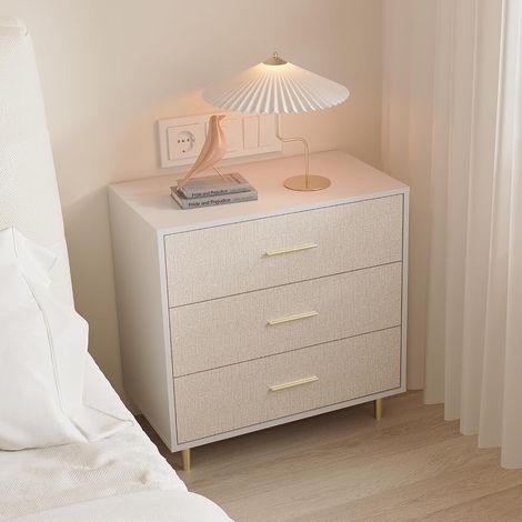 Commode 3 Tiroirs Moderne Blanche avec Pieds Dorés, Meuble Rangement Chambre Salon (1/5)