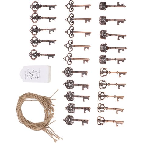 Lot de 25 ouvre-bouteilles rétro en métal avec étiquettes et cordons, parfaits pour une fête de mariage. (1/5)