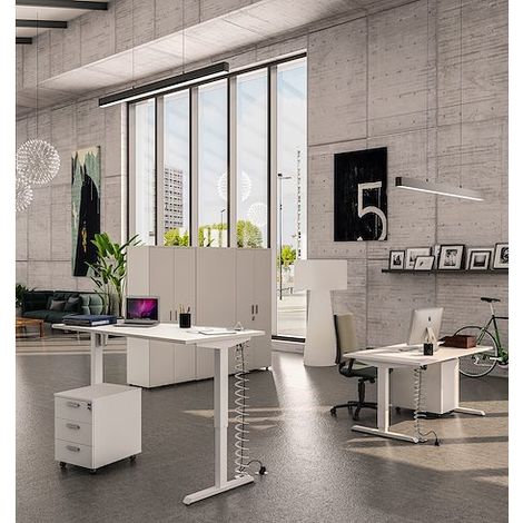 Bureau assis-debout Nivo à mémoire de position pied blanc L 140 cm - Plateau blanc - Maxiburo (1/2)