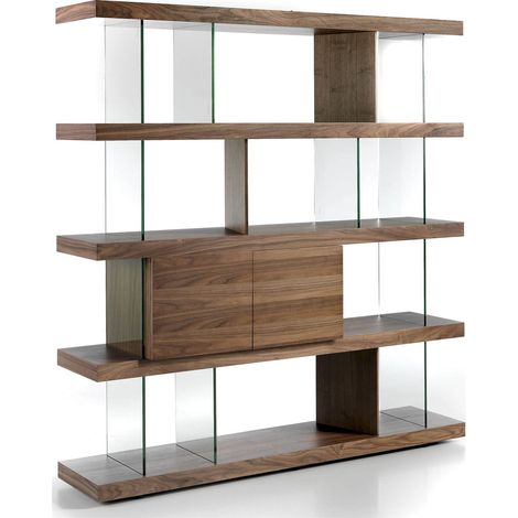 Étagère bois côtés en verre trempé 2 tiroirs à amortie - Noyer, transparent (1/4)