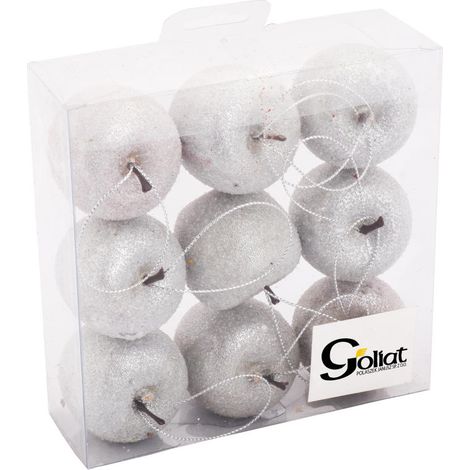 Set mit 9 silbernen, apfelförmigen Kugeln, 4,5 cm, mit Mattierungseffekt