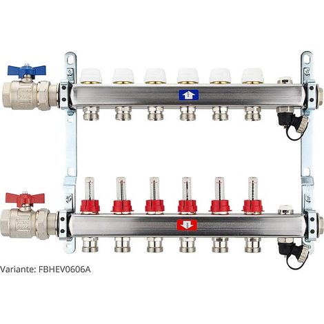 Fußbodenheizungsverteiler aus Edelstahl mit Topmeter für 6 Heizkreise - mit Anschlussset waagrecht (1/3)