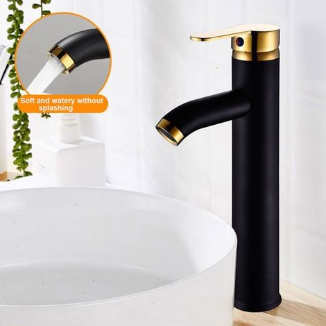 Robinet mitigeur pour vasque de salle de bain, noir mat, à poignée unique, bec haut, monotrou, style moderne, en laiton massif, installation facile (1/5)