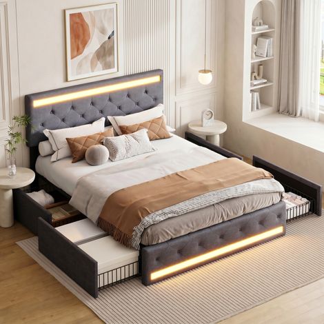 BLANKETSWARM - Lit adulte 140 x 200 cm avec 4 tiroirs – Lit capitonné 140 x 190 avec ports USB et éclairage LED – Sommier à lattes en bois – Lin, Gris (1/5)