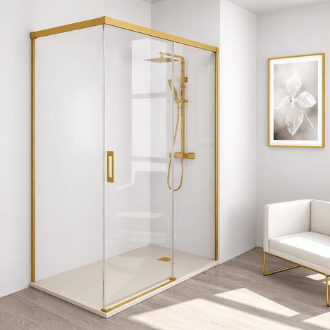Mampara de ducha frontal + Puerta Corredera 135  cm y lateral fijo MUSE perfil oro 70 cm