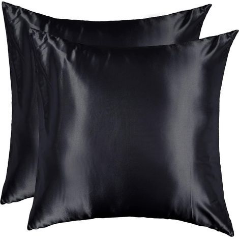 Taie d'oreiller en satin 60x60 cm, lot de 2, lisse et élégante, carrée, douce et confortable, agréable au toucher, fermeture éclair, idéale pour l'été, pour la maison ou l'hôtel, noire - Housse de cou (1/5)