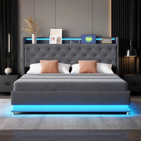 Cama con canapé 160x200 cm con LED, USB y almacenaje hidráulico gris DESVIAE