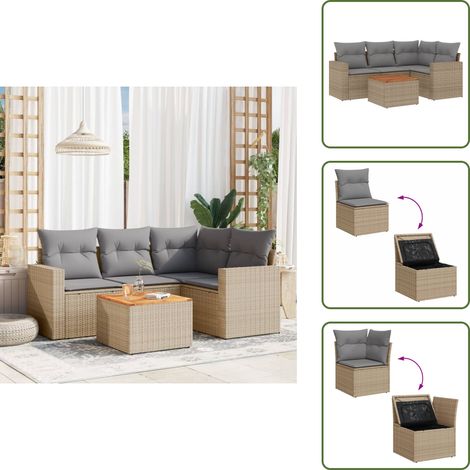 5-tlg. Garten-Sofagarnitur mit Kissen Beige Poly Rattan - Gartenmöbel Set - Lounge Möbel - Rattan Gartenmöbel - Outdoor Möbel - Esstisch Set (1/5)