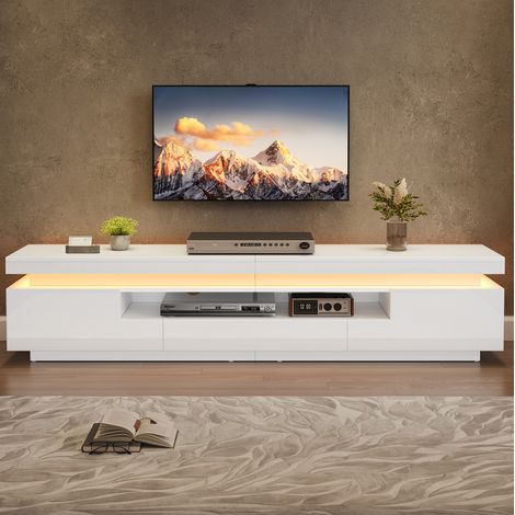 Meuble TV 175x38x45 cm blanc en panneau de particules avec LED, rangement ouvert et finition brillante (1/5)
