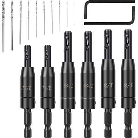 Lot de 6 Forets Autocentreurs pour Charnières 1/4" – 3/32" 7/64" 1/8" avec 10 Forets Hélicoïdaux et 2 Clés Hexagonales – Menuiserie de Précision (1/5)