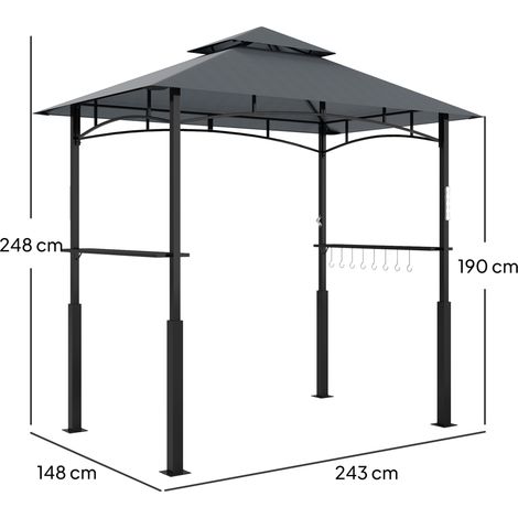 Toit de jardin avec éclairage LED, 243 x 148 x 248 cm, étanche, ignifugé, double toit, étagères latérales, protection UV, toile de jardin en métal, gris (1/5)