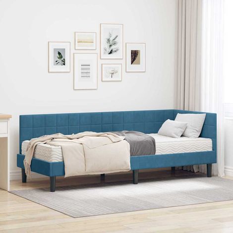 Eckbettgestell mit Matratze mit Kopfteil 2 pcs Blau Samt