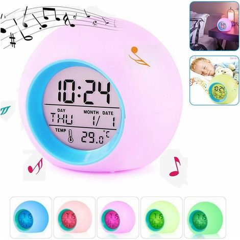 Réveil pour enfants, 7 couleurs changeantes LED réveil, 6 sons naturels Amélioration du sommeil LED réveil numérique pour chambre (1/5)