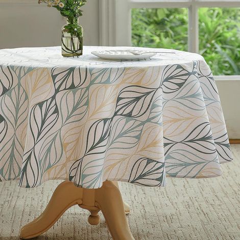 Nappe lavable Ronde 120 cm, Coton Lin, Motif Feuille