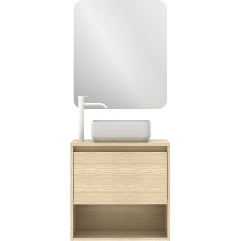 Meuble salle de bain suspendu avec vasque posée NIWA TOP chêne sablé 80 cm Miroir non inclus (1/5)