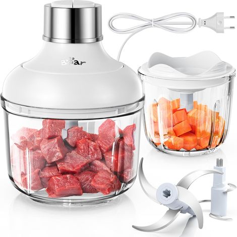 0,6l + 2L Hachoir Electrique Bol Préparation, Hachoir Multifonction 2 Vitesses, 4 Lames Acier Inoxydable, avec récipient en verre,Base AntidéRapante, Pour Viande, LéGumes, Fruits, Fruit Sec (1/5)