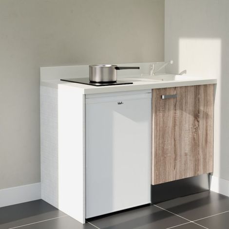 Kitchenette K08L - 120 cm - plan monobloc évier intégré Snova- évier à droite - Façades Bois + Electroménager inclus coloris Blanc