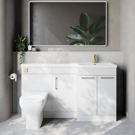 Napoli 390 Gloss White 1500mm 3 Door Vanity Unit Toilet Suite with Right Hand Square Lucia Basin - 1500mm - Brushed Brass 160mm HandleWith Kingston Toilet Pan and Seat