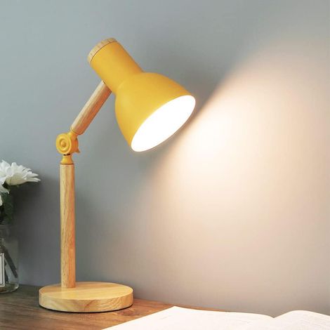 E27 Tischleuchte mit Holzarm - Verstellbare Schreibtischlampe mit Druckschalter - Klassische Leselampe, Nachttischlampe für Büro, Schlafzimmer, Wohnzimmer, Kinderzimmer - Gelb [Energieklasse A++] (1/5)