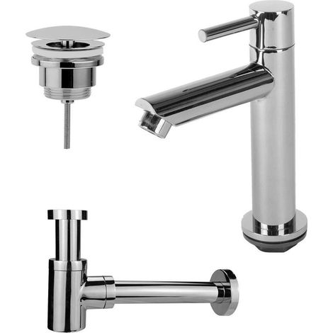 Fortifura Calvi - Ensemble lave-main avec robinet bas à poser, bonde non obturable et siphon design chromé (1/4)