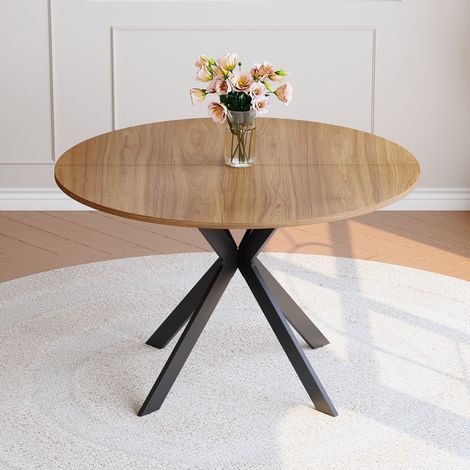 Mesa de comedor redonda de 110 cm efecto nogal en MDF con base en X negra REDOM (1/5)