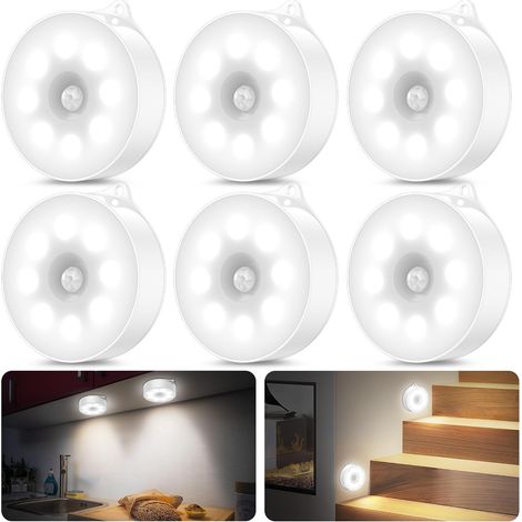 Lot de 6 Veilleuses LED - Détecteur de Mouvement - Sans Fil - Piles AAA - Pour Armoire Escalier Cuisine - Blanc Froid (1/5)