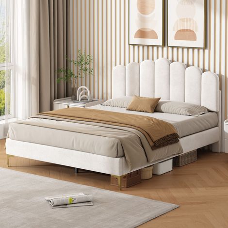 4ft6 Double Premium Velvet Upholstered Bed Frame with Scalloped Channel Tufted Design, Height Adjustable Headboard & Gold Metal Feet, Under-bed Storage Space, No Box Spring Needed, Beige (No Mattress)