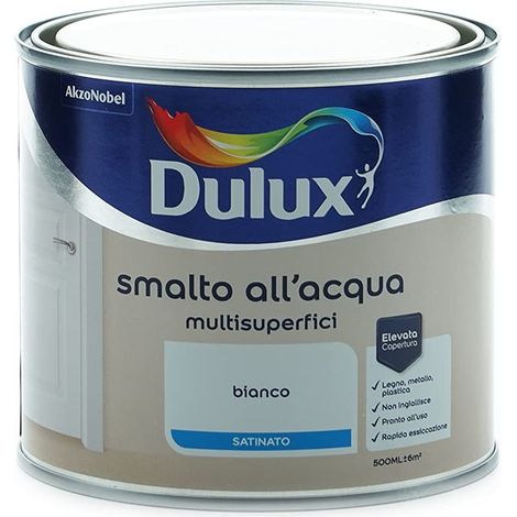 Dulux Smalto Satinato all'Acqua per Metallo Plastica e Legno Pronto all'Uso per Esterni e Interni, 0.5 Litri, Bianco (1/6)