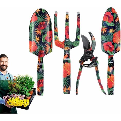Ensemble d'outils de Jardin 4 Outils de Jardinage Floral pour la Plantation Kit de Jardinage avec rateau à Main, bêche, sécateur, Pelle pour Planter, Creuser, Couper des Branches (1/5)