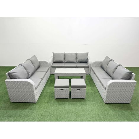 Fimous PE Rattan Lounge Sofa Set 11 Seater Outdoor Garden Furniture Set with Oblong Coffee Table 3 Seater Sofa 2 Stools Light Grey (1/4)