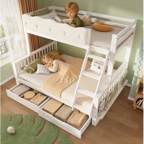 MODFU – Litera infantil 90x200 y 140x200 cm de madera con cajones, portarrevistas, escalera inclinada, carga 120/200 kg y EN 747 – Blanco (1/5)