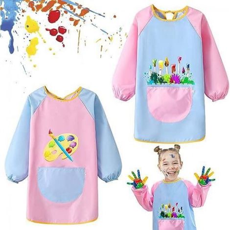 Tablier Peinture Enfant - 2 Pcs - Manches Longues - 1 Grande Poche - Imperméable en Polyester/PVC (1/3)