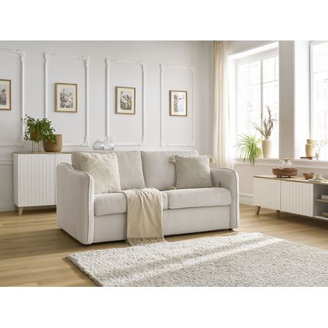 BOBOCHIC - Canapé droit convertible LENNY ouverture express 2 plis velours côtelé Beige (1/5)
