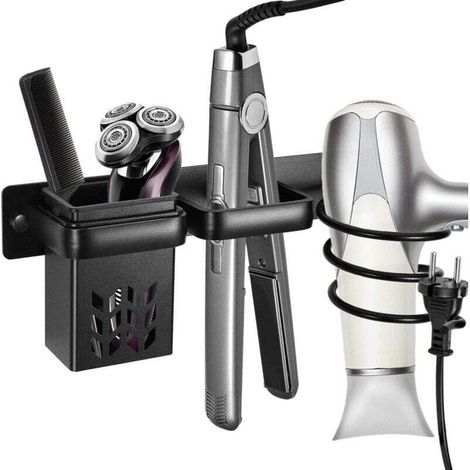 Supporto per asciugacapelli, supporto per asciugacapelli e piastra, supporto in alluminio per piastra, per camera d'albergo e bagno (nero)