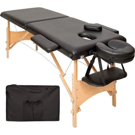 Table de massage noire pliable en bois avec réglage de hauteur et accoudoirs. (1/5)