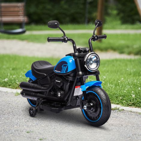 Motocicleta eléctrica para niños de 18 a 36 meses, 6 V, con ruedines de apoyo adicionales, patinete eléctrico para niños de 3 km/h, motocicleta infantil con faro, peso máximo 25 kg, color azul.