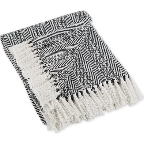 Couvre-lit à Chevrons pour intérieur/extérieur 100% Coton Camping Barbecue plages Couverture Quotidienne – 127 x 152,4 cm, Bleu Nautique, Noir, Herringbone Stripe (1/5)