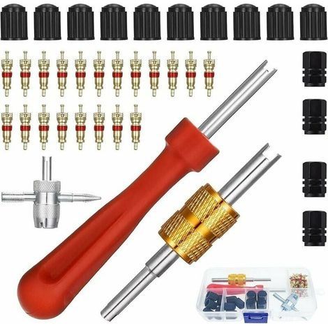 Demonte Obus Valve Kit D\'outils Réparation Démonte Obus de Valve Double et à Une Tête + 1 Outil de Valve 4 Voies + 10 Bouchon Valve Pneu Voiture + 20 Noyaux Valve pour Remplacement Velo Moto (1/4)