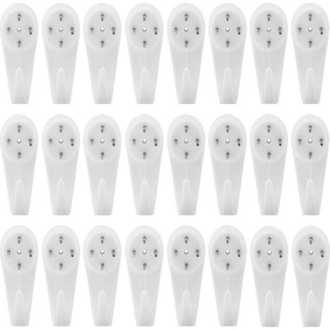 Set mit 24 unsichtbaren weißen Kunststoff-Wandhaken für Bilderrahmen, die keine Spuren hinterlassen.