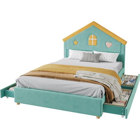 Letto Singolo per Bambini 140 x 200 cm, 4 Cassetti e Testiera a Casetta, senza Materasso (1/5)