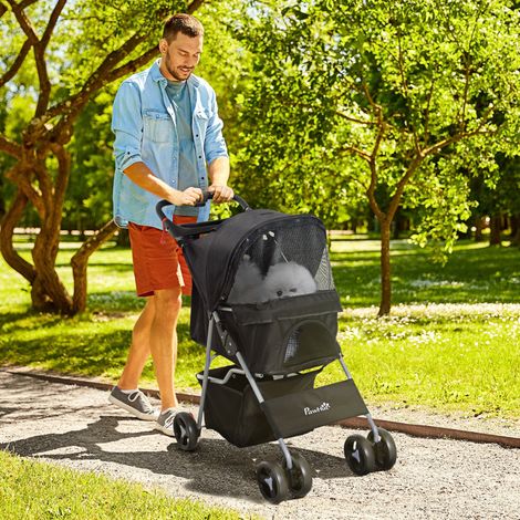Poussette pour chien, 75 cm (L) x 46 cm (l) x 94 cm (H), pliable, imperméable, tissu Oxford 600D, 4 roues, noire (1/5)