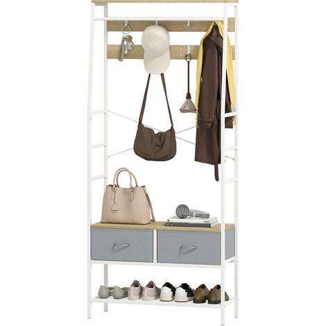 Porte-manteau avec rangement pour chaussures, crochets, tiroirs, barre et étagère pour entrée/salon 80 x 30 x 180,5 cm Naturel (1/5)